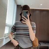 IMFLY金小金自制女装 针织衫DYW9672早秋复古圆领撞色条纹针织