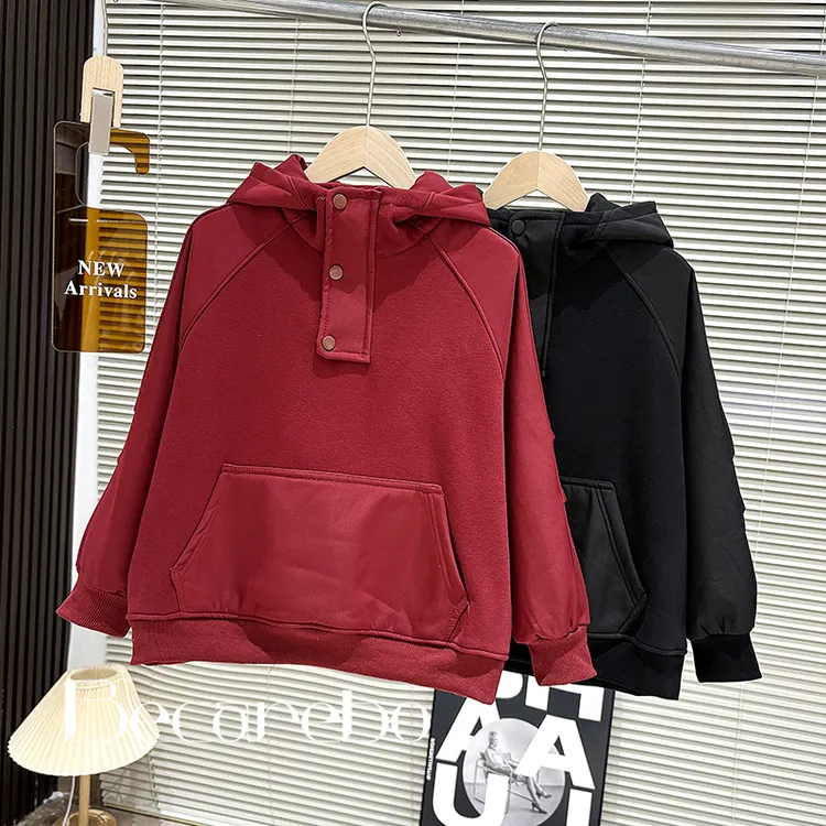 青少年男童红色卫衣儿童秋冬中大童男孩冬装加绒保暖马年服打底衫