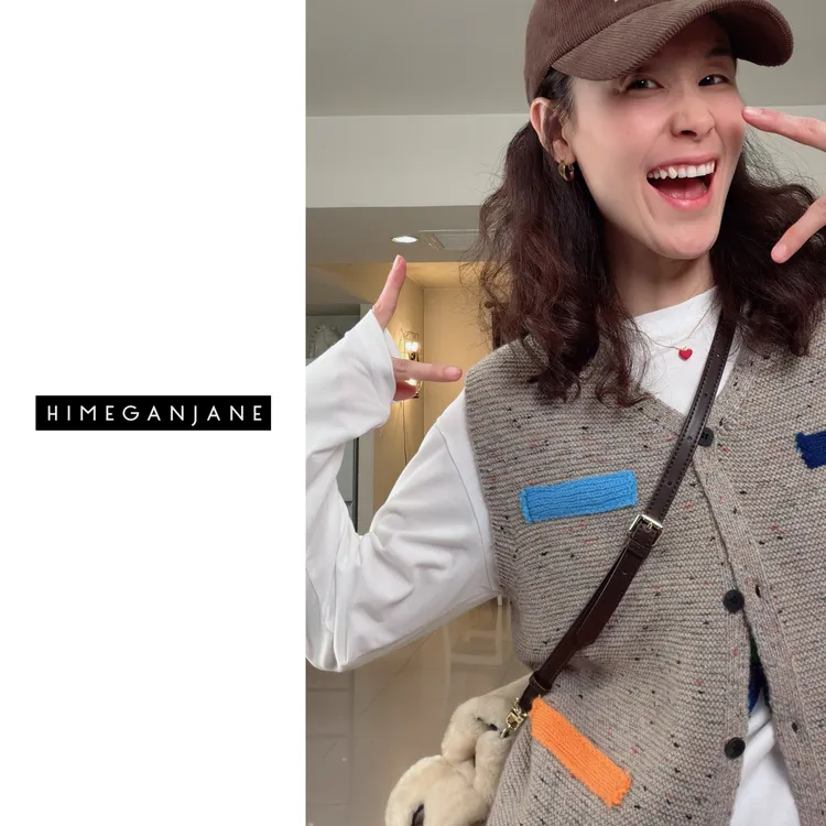 HIMEGANJANE“口袋情书”针法点子针织撞色口袋盖背心马甲6296