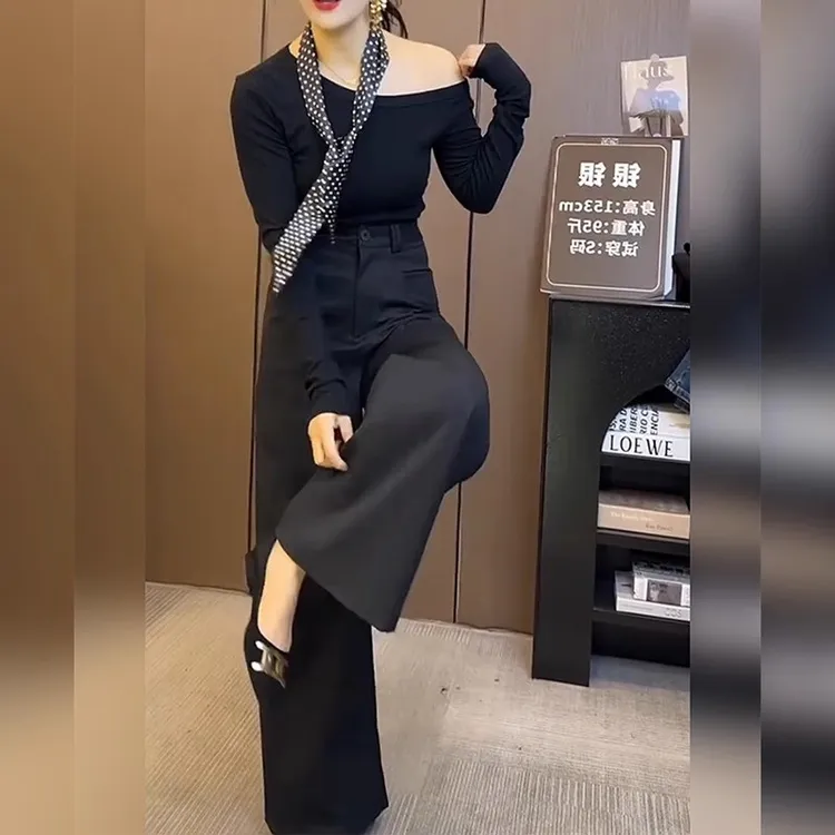 黑色西装休闲裤女秋冬新款大码胖mm宽松显瘦小个子通勤直筒阔腿裤