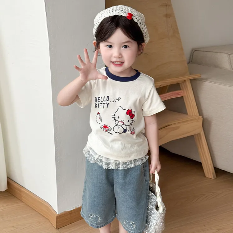 女童套装2025夏季新款儿童宝宝可爱卡通短袖T恤屁帘牛仔裤两件套