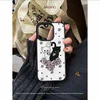 卡通可爱叼玫瑰黑猫白猫适用苹果16pro/iPhone15p/14手机壳13防摔