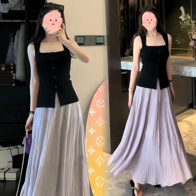 夏季新款2025法式高级感收腰方领无袖上衣气质百搭A子半身裙修身