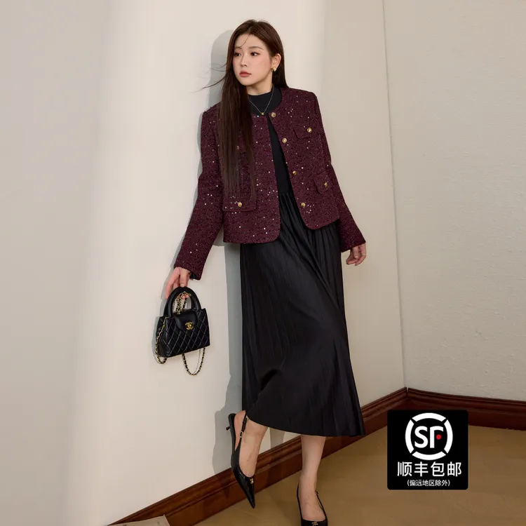 蓝语大码女装安可拉红小香风外套黑色秋冬新款穿搭一整套秋冬服装