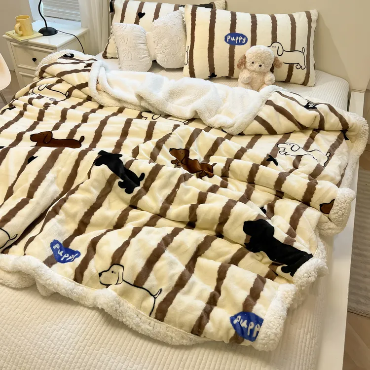 新款日韩奶油风羊羔绒+牛奶绒可爱卡通毛毯绒毯毯子沙发毯盖毯