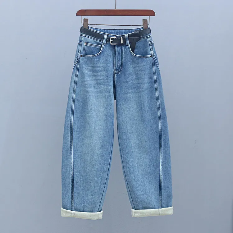 牛仔裤冬季加绒加厚浅蓝色高腰显瘦哈伦裤2025年新款百搭老爹裤女
