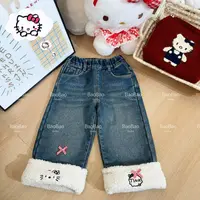 【BaoBao】冬款一体绒弹力软牛仔毛毛kitty猫直筒牛仔裤98816（汉服）