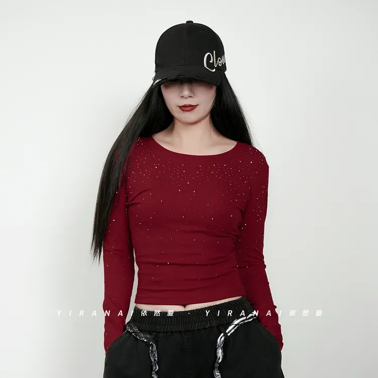 时超康SHI.CHAO.KANG.曳舞长袖T恤烫钻百搭辣妹风圆领修身6008款