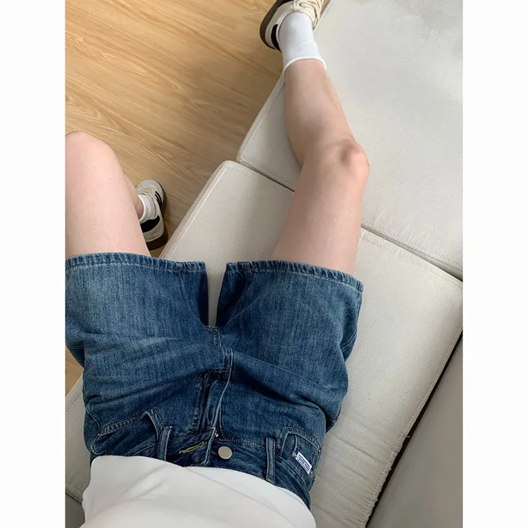 复古蓝四分牛仔短裤女2025年夏季新款小个子宽松显瘦百搭阔腿中裤
