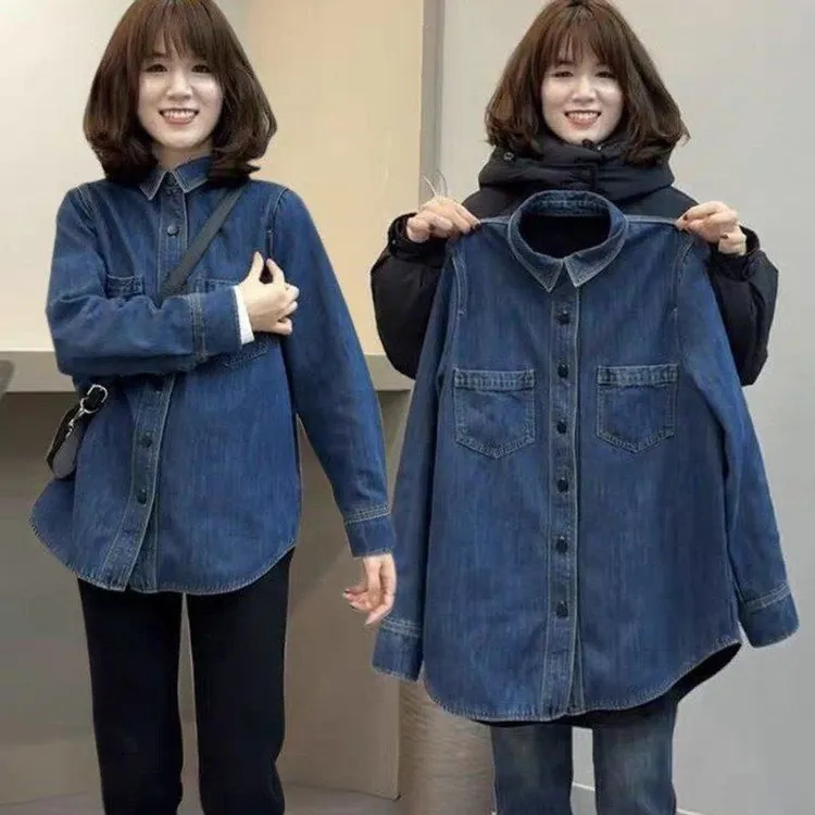 加绒加厚牛仔衬衫外套女长袖2023秋冬新宽松休闲衬衣百搭显瘦上