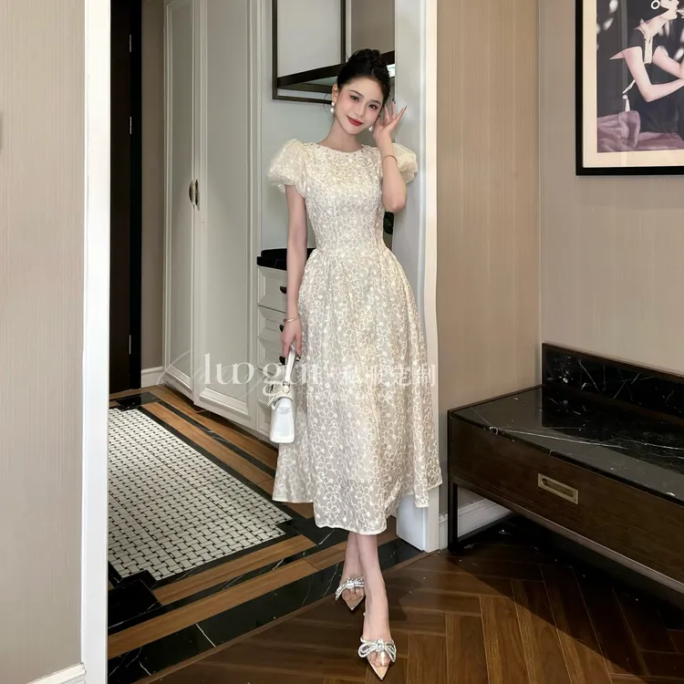 【花花原创】轻奢中长款名媛优雅温柔拼接时尚气质连衣裙45147