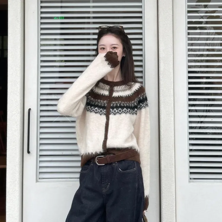秋冬季时髦洋气费尔岛提花针织衫上衣女装外穿慵懒风开衫毛衣外套