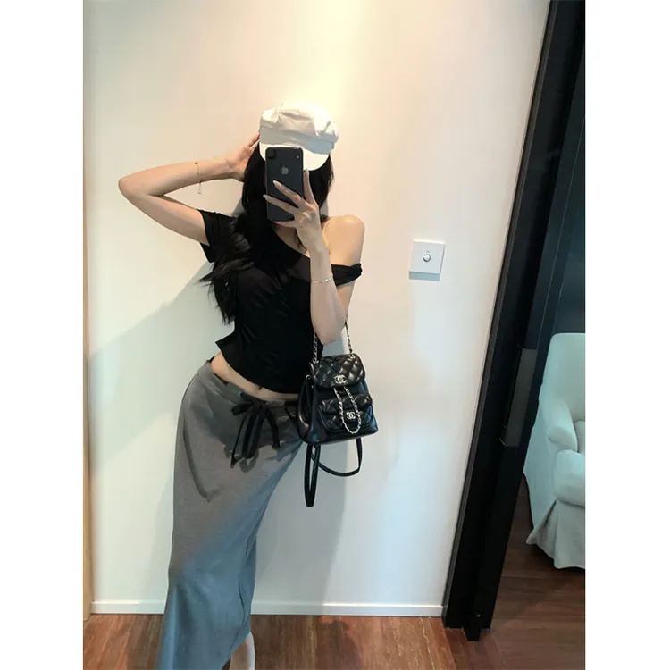 夏季新款修身显瘦小众设计感斜肩辣妹上衣时尚气质高腰A字半身裙