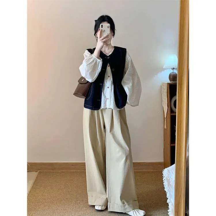 +韩版垂直+长裤搭复古阔腿宽松穿女白衬衫开衫马甲一整套牛仔早