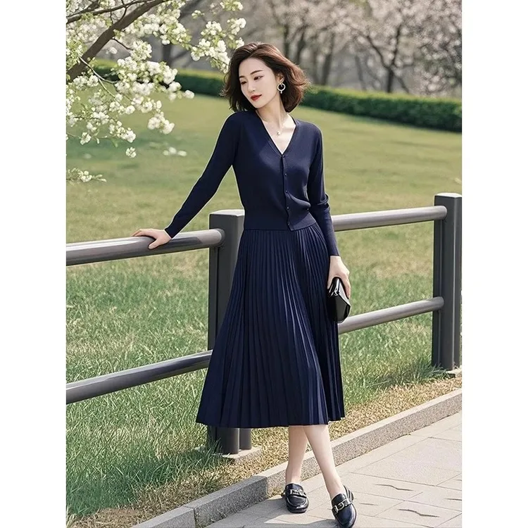 深蓝色针织套装女装2025秋季新款韩版开衫上衣百褶半身裙子两件套