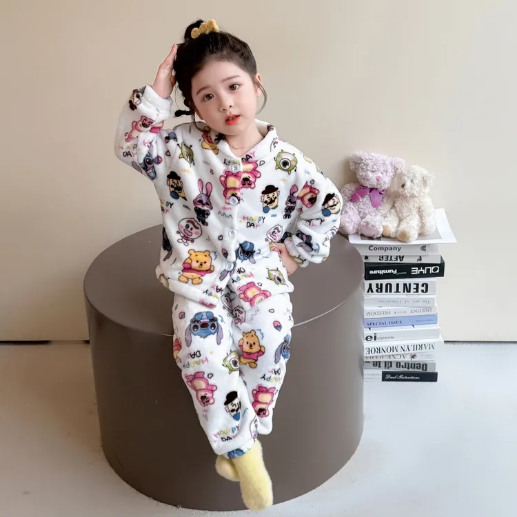 儿童法兰绒睡衣套装2025新款保暖卡通家居服宝宝连体女童两件套潮