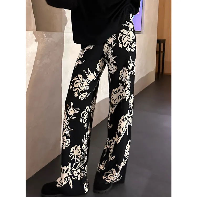 紫紫  素花毛织裤   松紧腰浅中式提花针织阔腿裤ZD10KMYL807