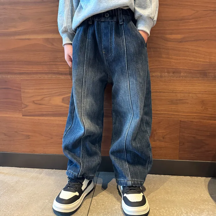 男童加绒牛仔裤子直筒阔腿裤2025冬季潮流宝宝小中大宽松儿童长裤