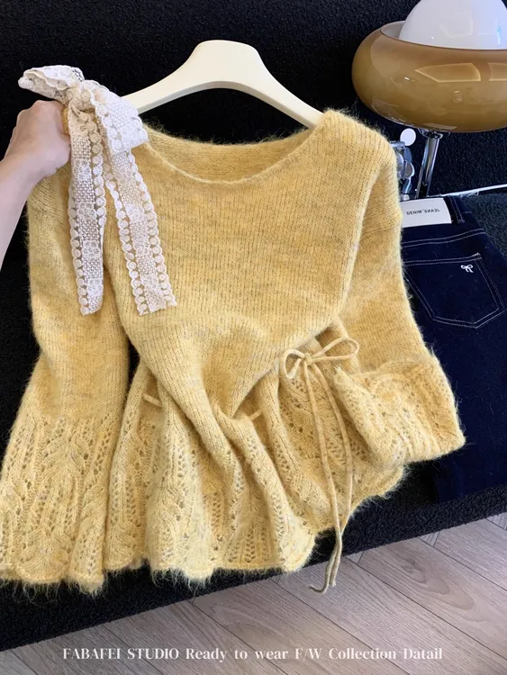 法式系带蝴蝶结长袖针织衫秋款软糯甜美气质毛衣辣妹绑带收腰上衣