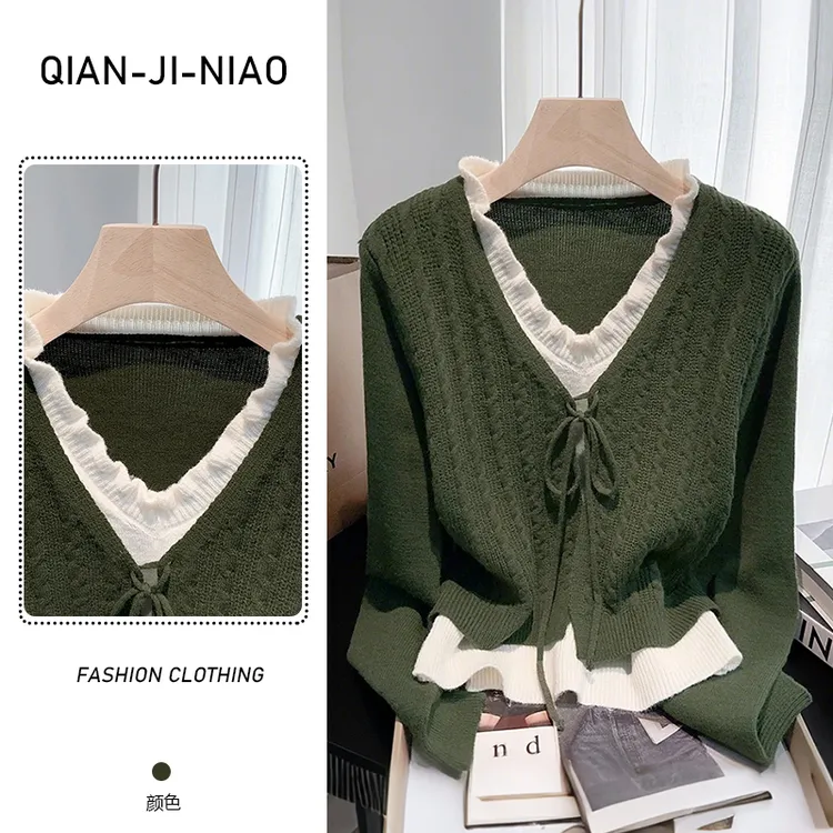 森系减龄温柔时尚V领慵懒风长袖针织衫秋季显瘦洋气小衫百搭毛衣