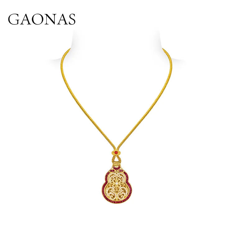 GAONAS 铜合金合成锆石项链 新中式潮流国风葫芦金色项链 11345XY