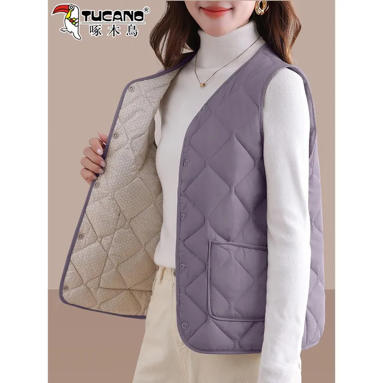 啄木鸟紫色背心马甲女款2025新款秋冬羽绒棉保暖休闲短款V领马夹