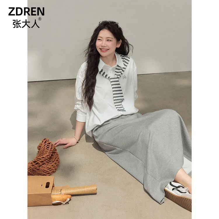 张大人【灰色旧约】大码女装微胖妹妹韩系学院风感灰半裙白衬衫套装