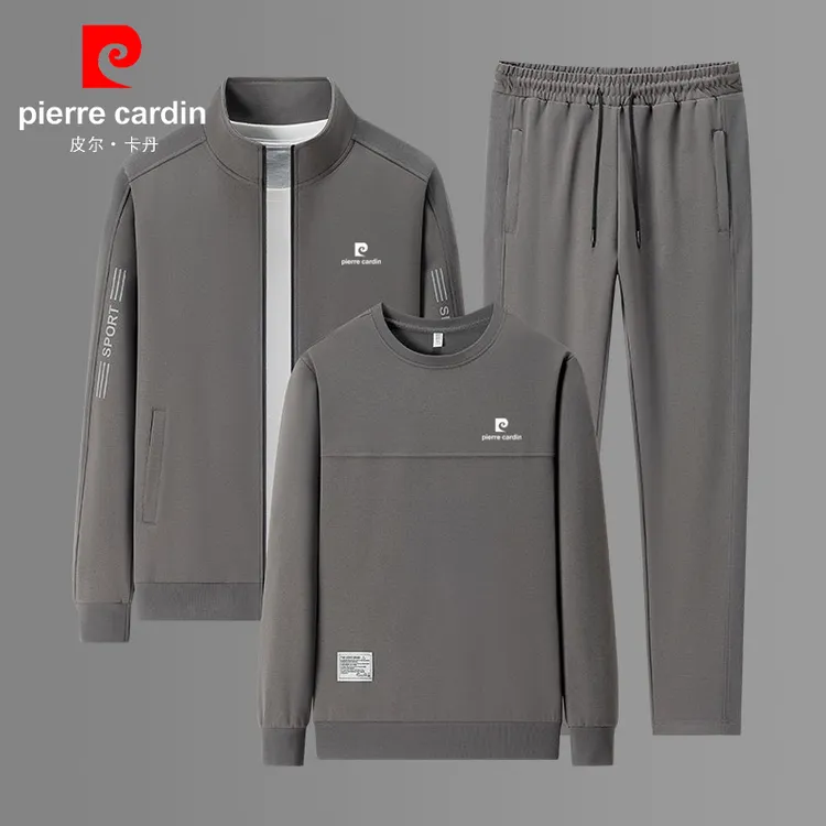 皮尔卡丹卫衣套装男士运动服春秋薄款跑步大码立领外套休闲三件套