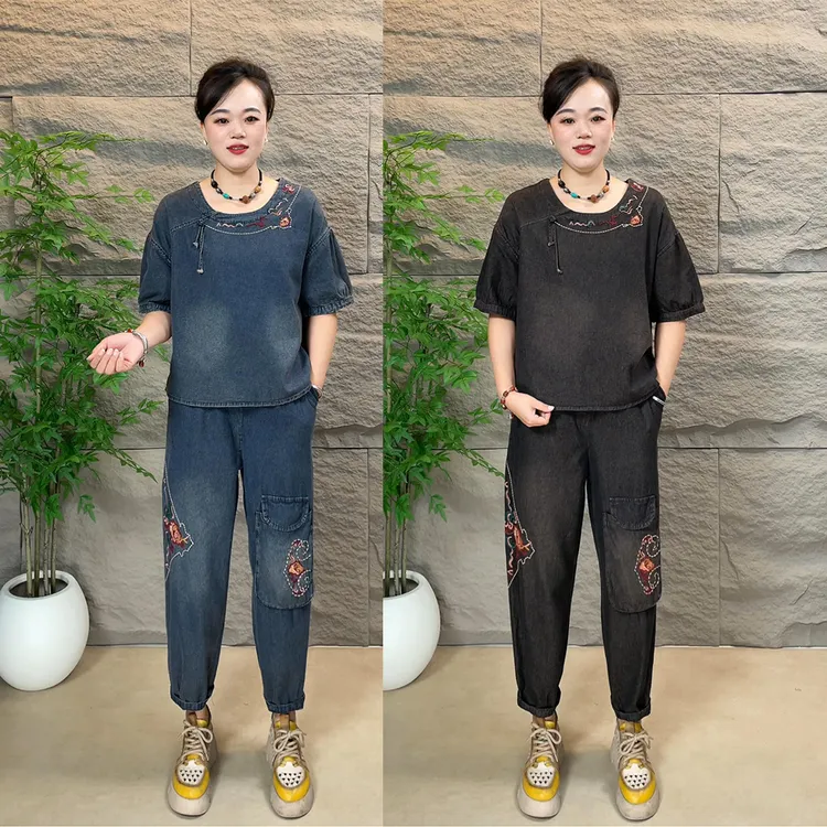 2025夏季新款薄款短袖牛仔复古贴布套装老爹裤宽松民族刺绣两件套