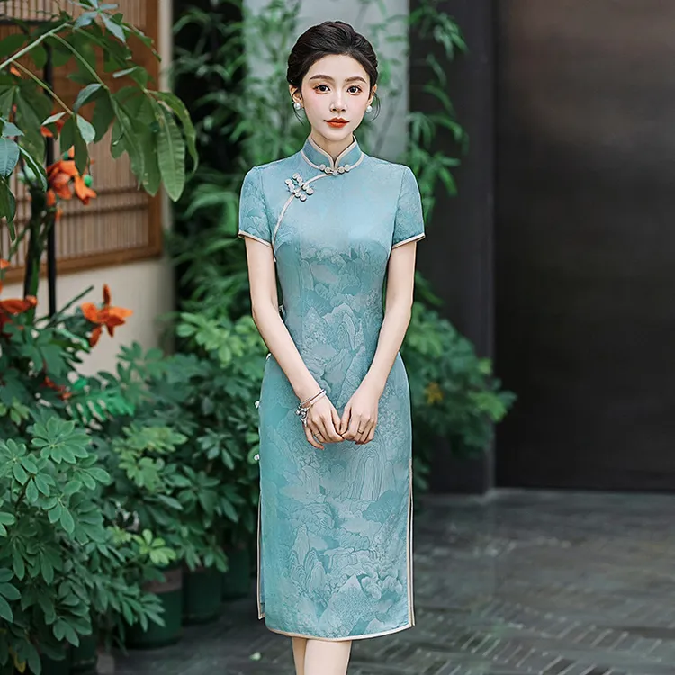 A220新款2025真丝旗袍年轻款气质长款短款改良交织桑蚕丝婚宴礼服