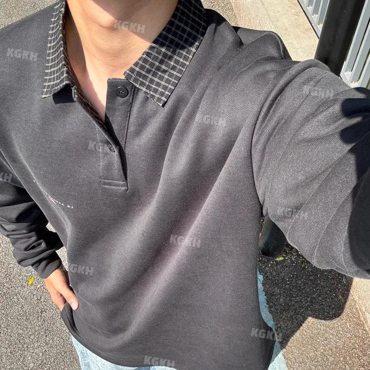 KGKH巴家Polo格子领无套头卫衣长袖毛圈420g翻领miu系风格纹男秋