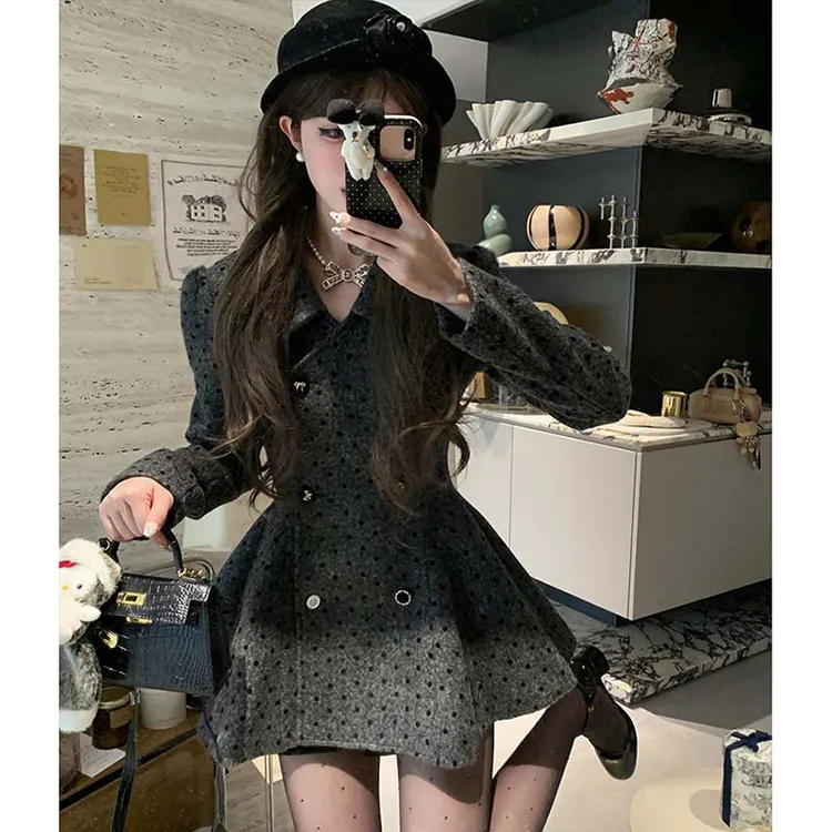 【有里布】黑色波点中长款收腰毛呢大衣女冬法式高级感外套QY0106