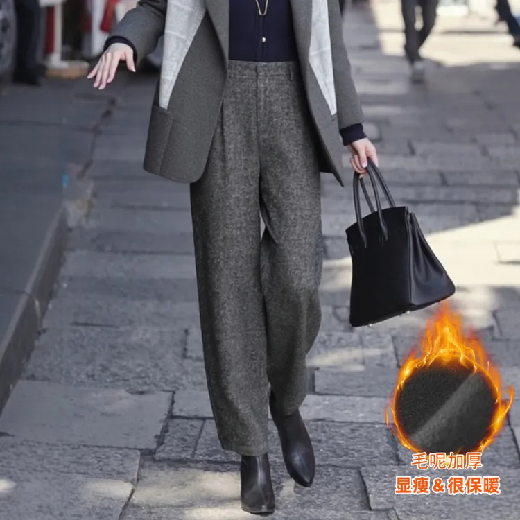 灰色西装裤直筒裤女2025新款冬加厚毛呢阔腿裤大码胖mm巨好看裤子