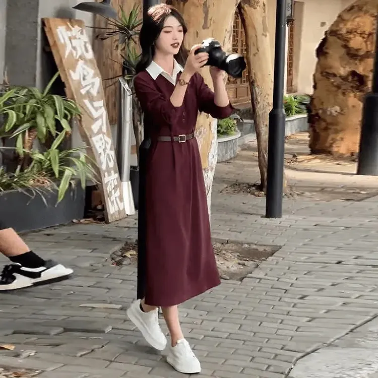时尚假两件拼色连衣裙女2025早秋新款洋气质收腰显瘦Polo领中长裙