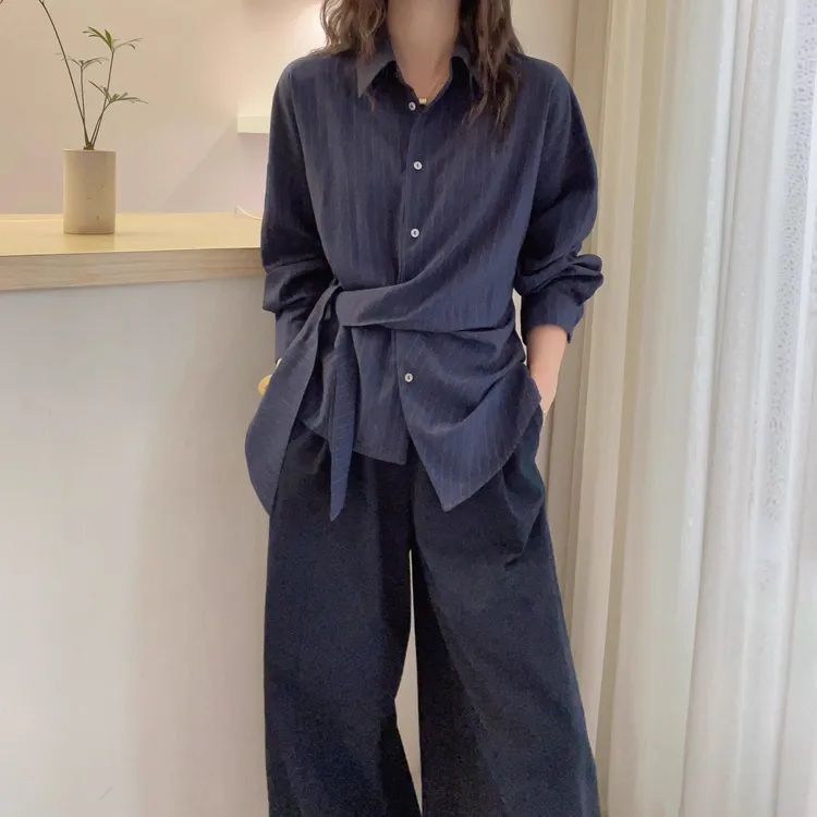 长袖条纹衬衫女欧洲站2025秋季新款时尚宽松设计感腰系带休闲衬衣