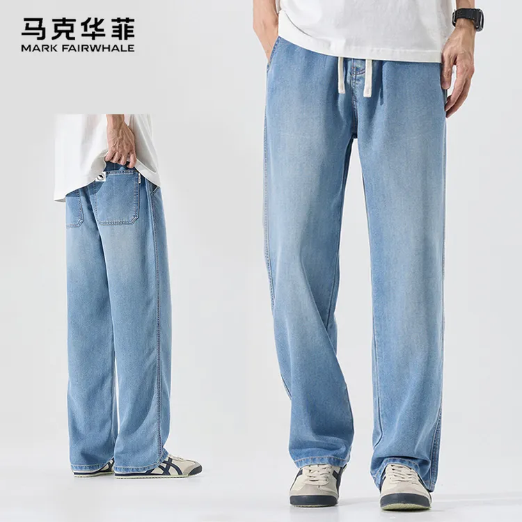马克华菲秋季新款男士牛仔裤弹力抽绳时尚百搭休闲直筒宽松长裤子