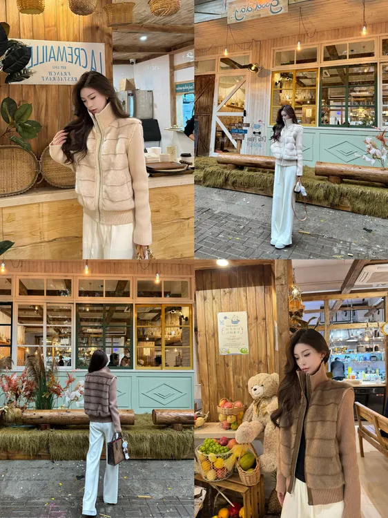 【琥珀千金】立领双色欧貂绒剪毛工艺外套针织袖”可拆卸“两穿版