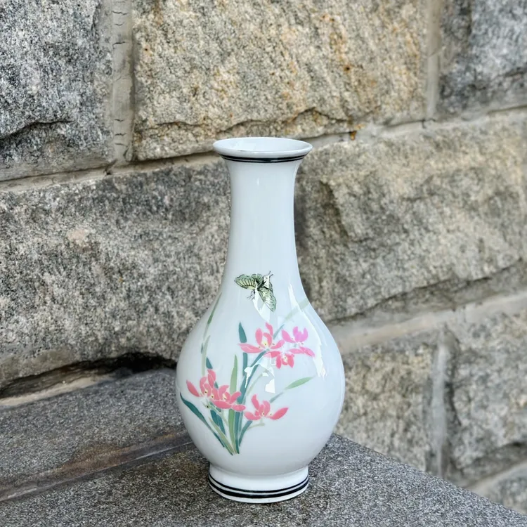 醴陵群力老瓷器釉下五彩手绘80红兰草17厘米小花瓶微瑕