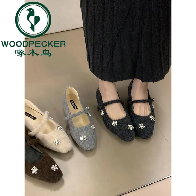 啄木鸟水钻花朵时尚玛丽珍鞋女2025秋冬法式绝美单鞋内增高毛毛鞋