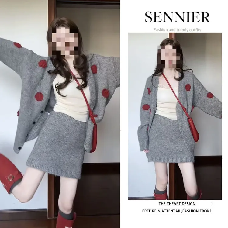 秋季穿搭女2025新款韩版洋气针织开衫百搭蕾丝吊带显瘦短裙三件套