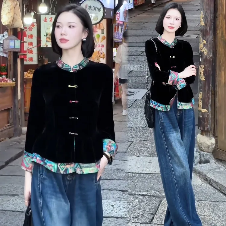 时尚国风丝绒假两件外套女2025秋季新款洋气显瘦气质百搭唐装上衣