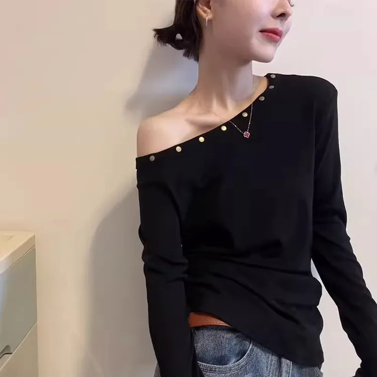 铆钉斜领长袖T恤衫女2025秋季新款韩版时尚内搭气质百搭女装上衣