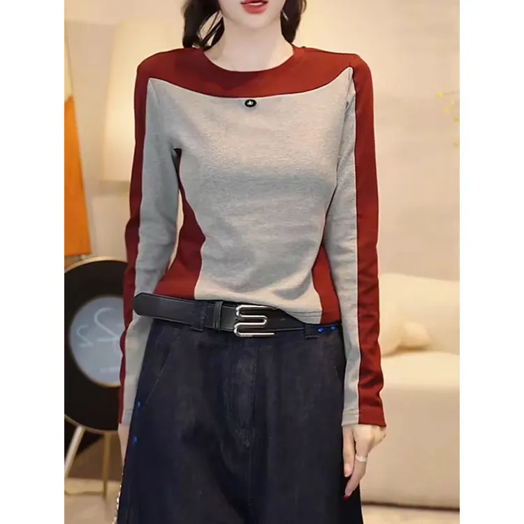 高弹力精梳棉圆领撞色拼接正肩长袖T恤女修身显瘦柔软舒适上衣