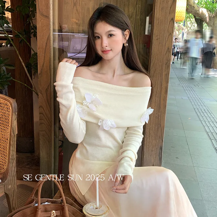 秀熙熙2025早秋新款韩版甜辣一字领羊毛针织衫不规则女上衣25046