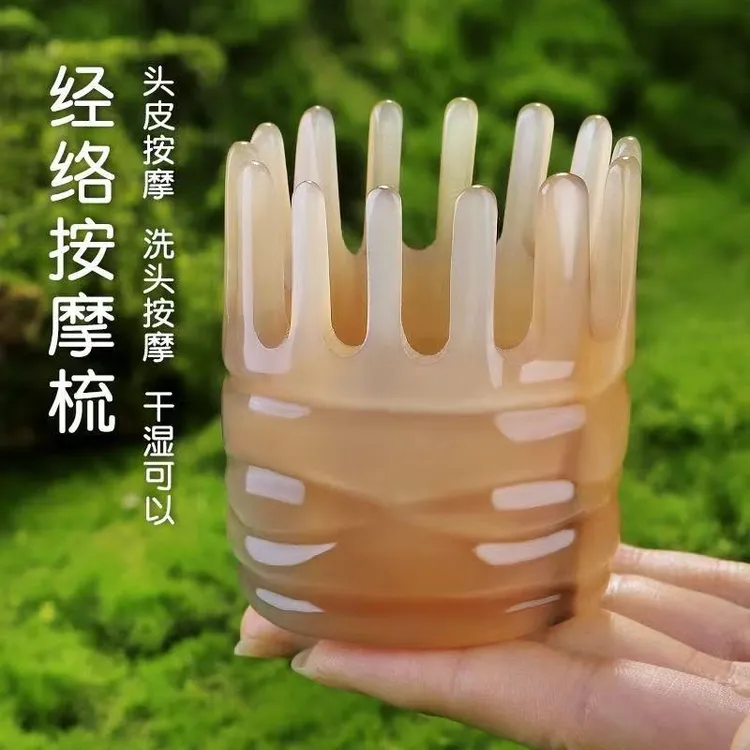 【真牛角】正宗刮痧头皮按摩梳头疗经络头部圆筒女士养生头发梳子