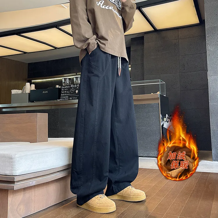 金狐狸高品质秋冬纯棉阔腿裤加绒休闲裤男宽松百搭大码水洗直筒裤
