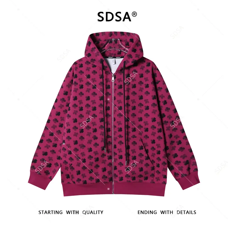 SDSA秋冬新款痞帅男装潮牌撞色四叶草印花拉链抽绳连帽卫衣开衫潮
