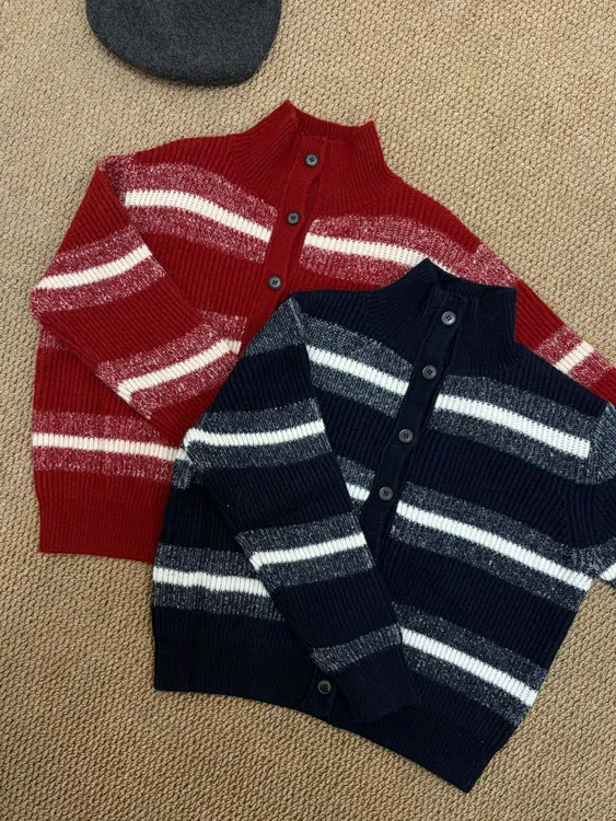 女士条纹立领宽松型休闲针织开衫98311秋冬