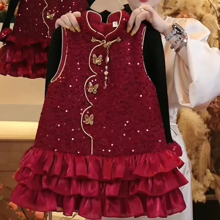 女童拜年服小女孩夹棉旗袍裙冬装2025新款儿童背心公主裙国风潮