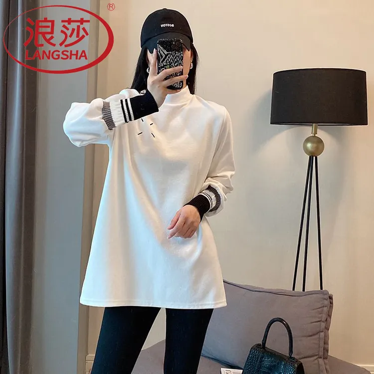 浪莎搭配鲨鱼裤德绒长袖t恤女中长款宽松保暖上衣打底衫冬季上衣